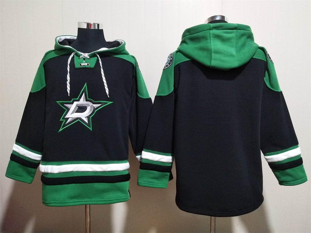 Men's Dallas Stars Blank Custom Any Name/Number Black Kelly Green Lace-Up Pullover Hoodie Jersey