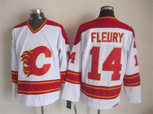 Men's Calgary Flames #14 Theoren Fleury White Throwback CCM Jersey